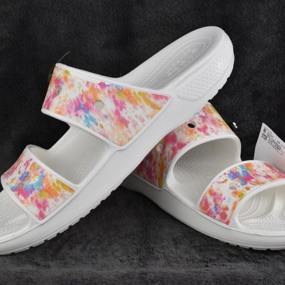 Womens Crocs Classic Tie Dye Summer Slip On Sandals White 207283-928 main image 4